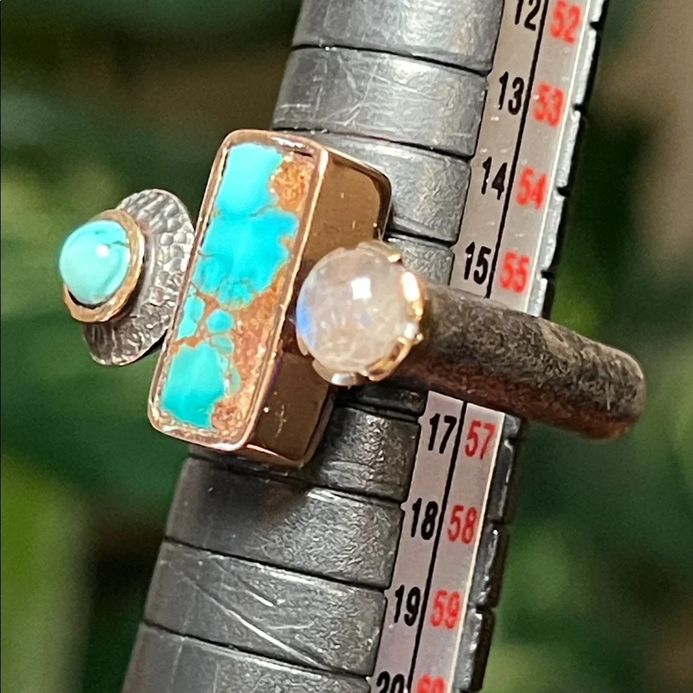 WOW! Artisan Turquoise Moonstone Sterling Silver Modernist Abstract Square Ring